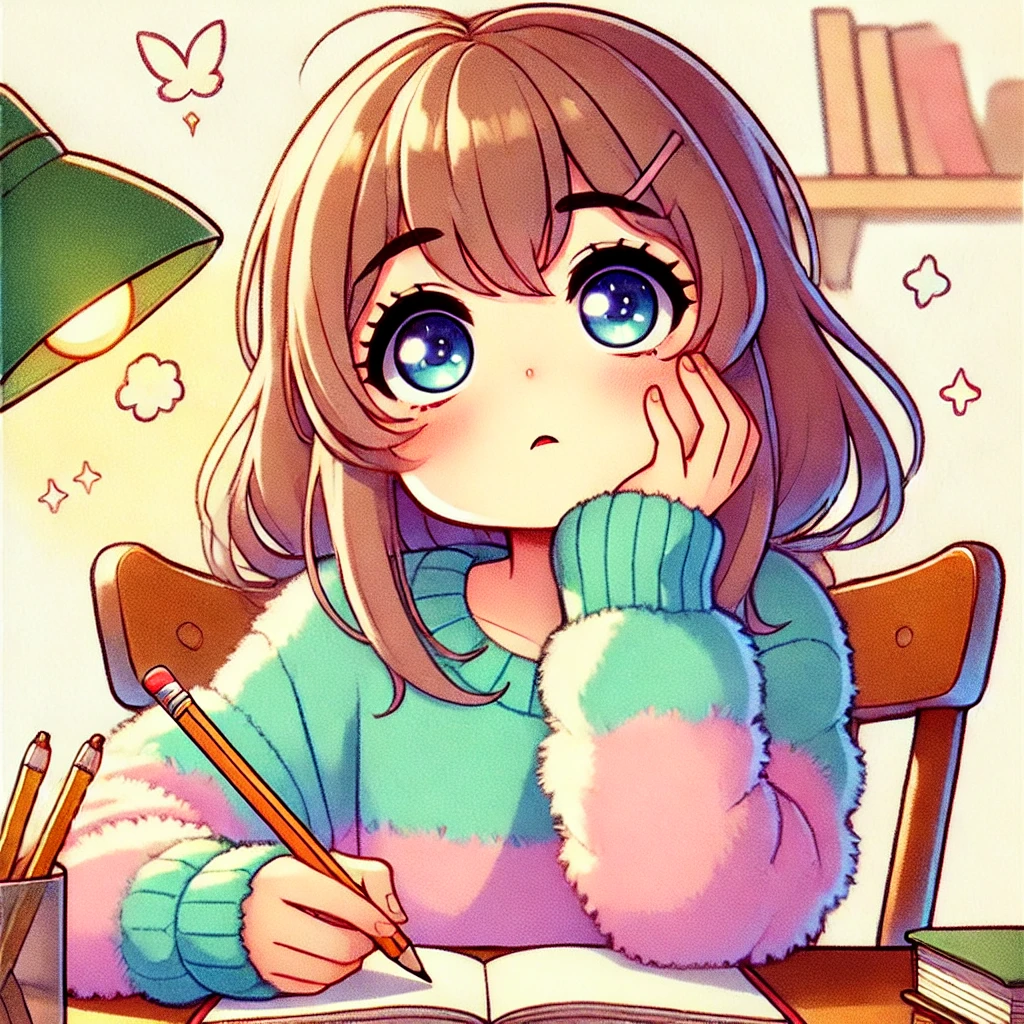 A vibrant anime-style illustration of a young girl sitting at a desk, holding a pencil and staring at a blank notebook with a thoughtful and slightly worried expression. Her cheeks are puffed in frustration, and her large, expressive eyes look upward as if searching for inspiration. She has medium-length hair with soft bangs, and her attire is casual—a pastel-colored sweater. The background includes simple objects like books, a lamp, and a cup of tea on the desk, emphasizing a cozy and creative setting.