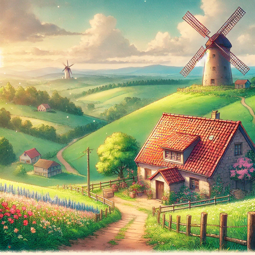 A stunning anime-style illustration in the aesthetic of film camera visuals, depicting a peaceful European countryside. The scene includes rolling green hills, a small stone cottage with a red roof, a dirt pathway lined with blooming flowers, and a vintage windmill in the distance. The sky is soft and slightly overcast, with light streaks of sunlight breaking through the clouds. The colors are gentle and warm, evoking a nostalgic and serene atmosphere, with an artistic touch that mimics the subtle grain of film photography.