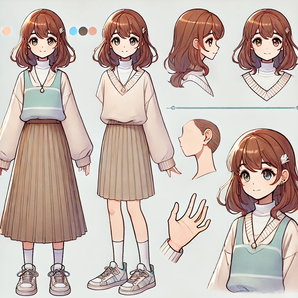 A character design sheet of an anime-style young girl in a clean, concept art format. The girl has medium-length hair styled in gentle waves, wearing a casual yet distinctive outfit—a light sweater paired with a pleated skirt and simple sneakers. The design includes full-body front and back views, along with close-up details of her expressive face, hand gestures, and accessories like a small pendant necklace. The background is minimal, focusing on the character. The color palette is soft and pastel, giving a friendly and approachable vibe.