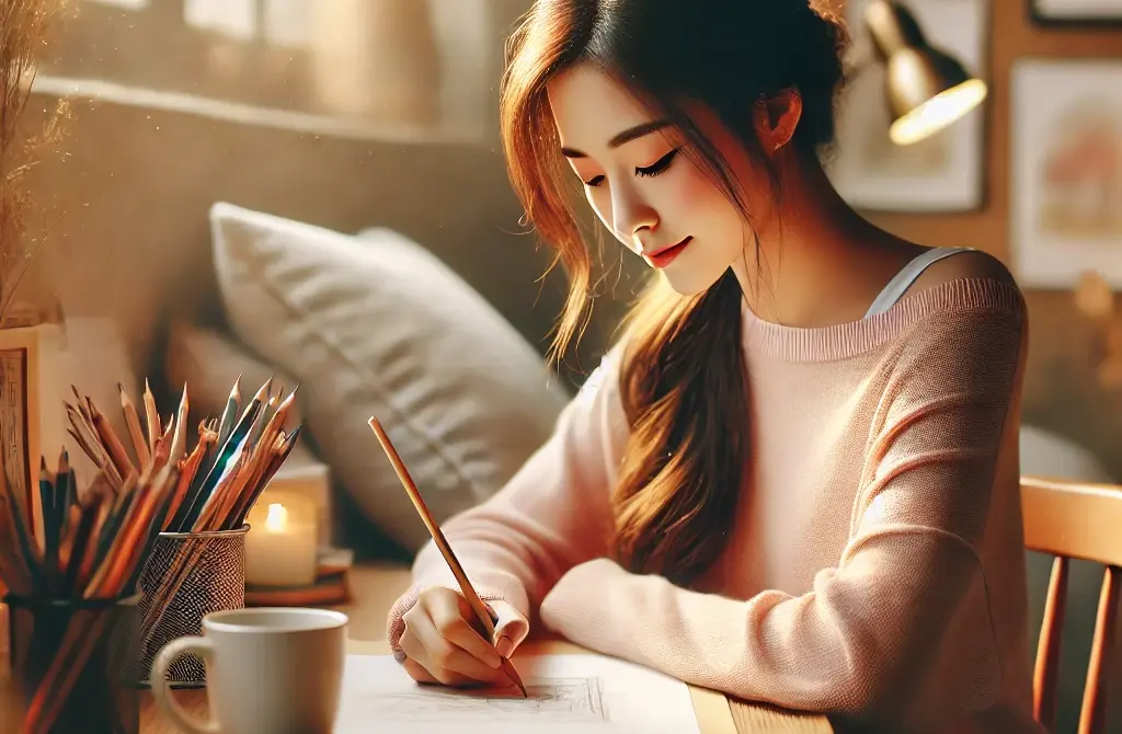 A serene illustration of a young woman sitting at a wooden desk, deeply engrossed in drawing. She is sketching on a piece of paper with a pencil, surrounded by art supplies like colored pencils, erasers, and a coffee cup. The setting is cozy and well-lit, with soft sunlight streaming through a nearby window. The woman has a focused and gentle expression, with her long hair tied back in a loose ponytail. The atmosphere is warm, creative, and inviting.